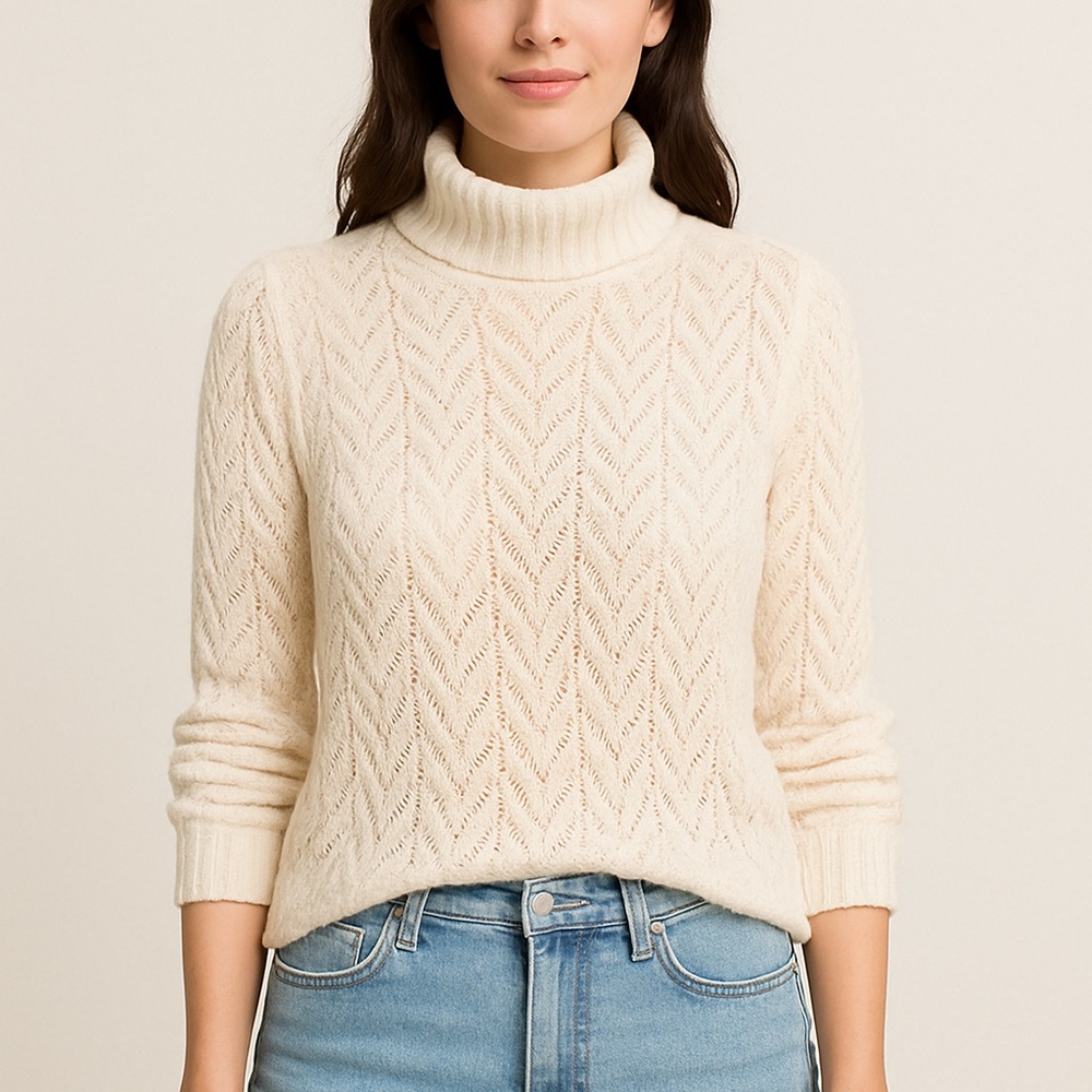 LOFT Cream Knit Chevron Turtleneck Sweater | Size Small